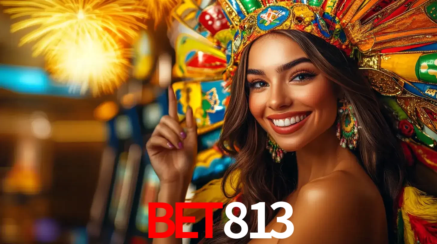 Mulher sorridente com um cocar de carnaval vibrante e colorido, celebrando uma grande vitória nos jogos do cassino BET813 com fogos de artifício ao fundo.