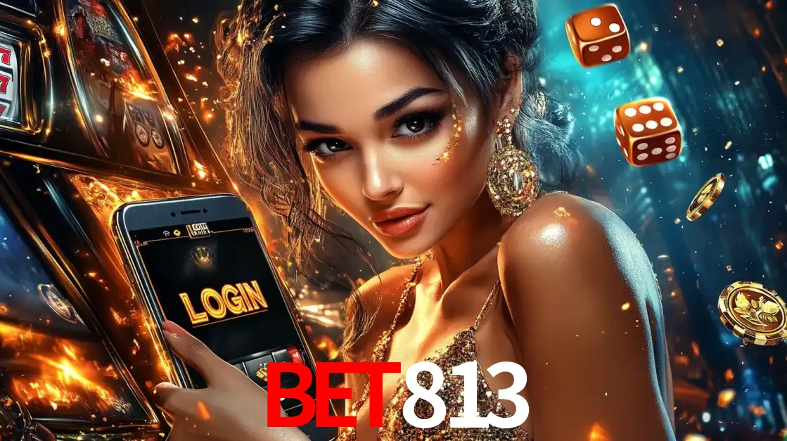 Mulher glamourosa segurando um celular com a tela de login do cassino BET813, rodeada por dados e moedas douradas, pronta para começar a diversão.