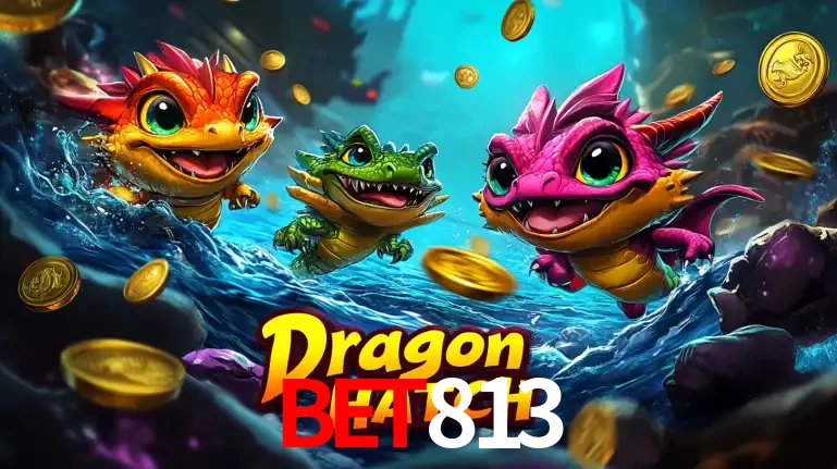 Arte promocional do jogo Dragon Hatch com três adoráveis dragões bebês nadando entre moedas de ouro, um dos slots mais divertidos para jogar no cassino BET813.
