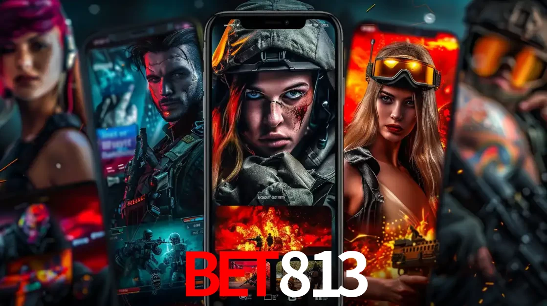 Montagem de telas de celular mostrando diversos personagens, masculinos e femininos, de um jogo de tiro, ilustrando a diversidade de equipes de e-sports para apostar no BET813.