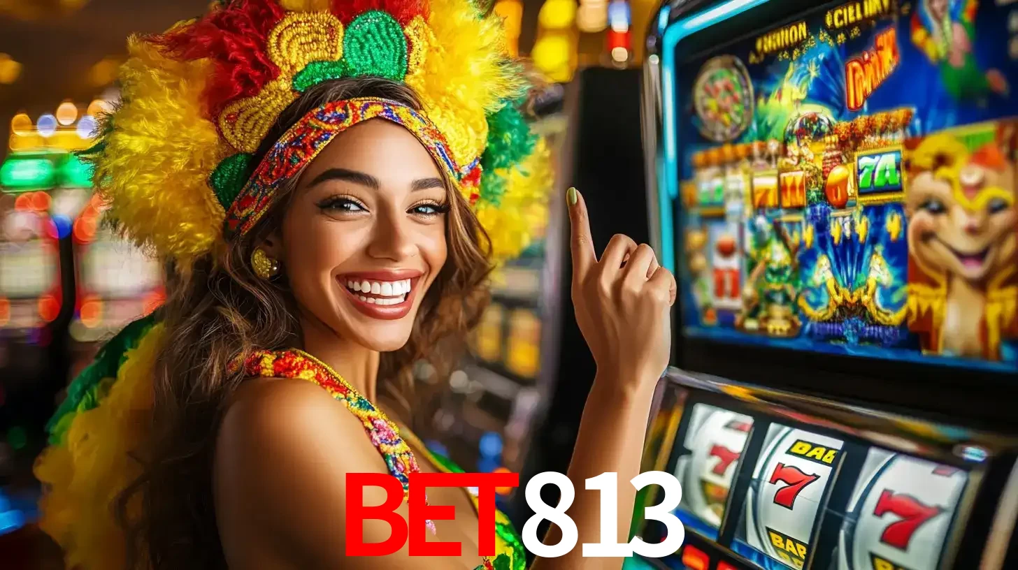 Mulher animada com um cocar de carnaval apontando para uma máquina de caça-níqueis, mostrando a emoção de ganhar um grande prêmio nos jogos do BET813.