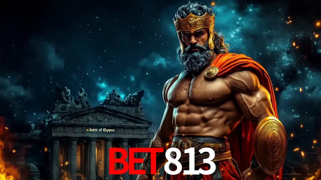 O poderoso Zeus do jogo de slot Gates of Olympus em frente ao seu templo, pronto para lançar multiplicadores divinos e prêmios épicos no cassino online BET813.