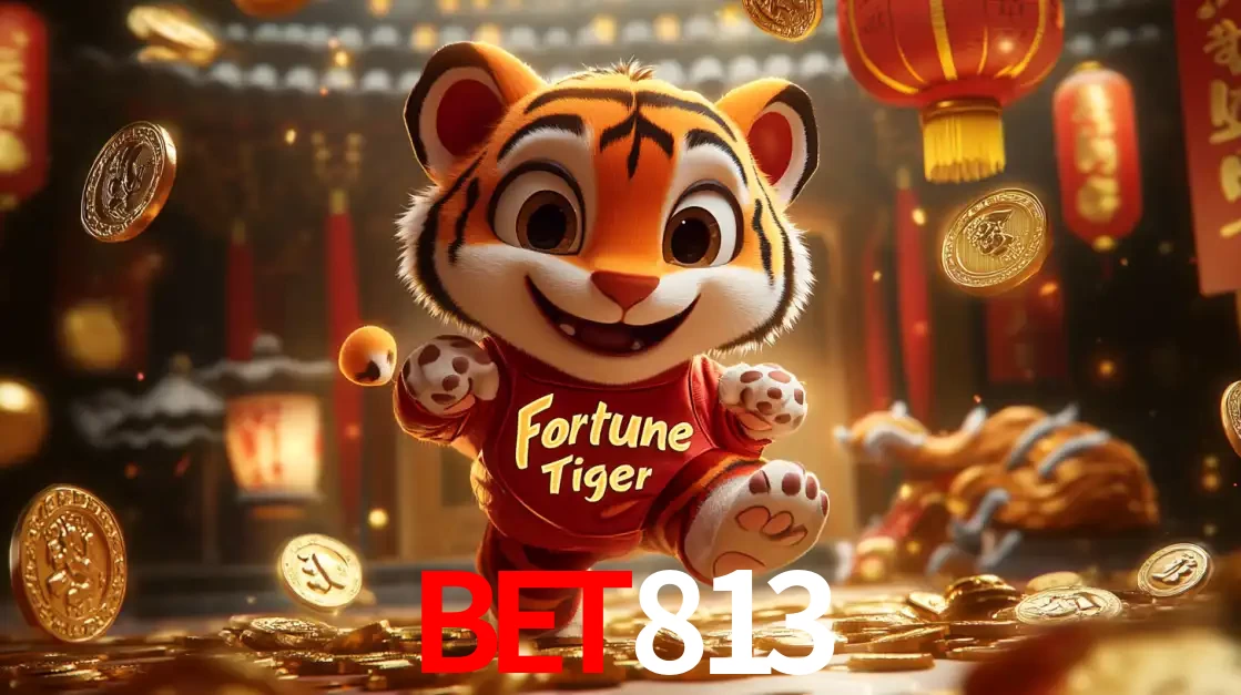O alegre personagem do Fortune Tiger correndo sobre um caminho de moedas de ouro, simbolizando os grandes prêmios e a diversão do popular jogo de slot do BET813.