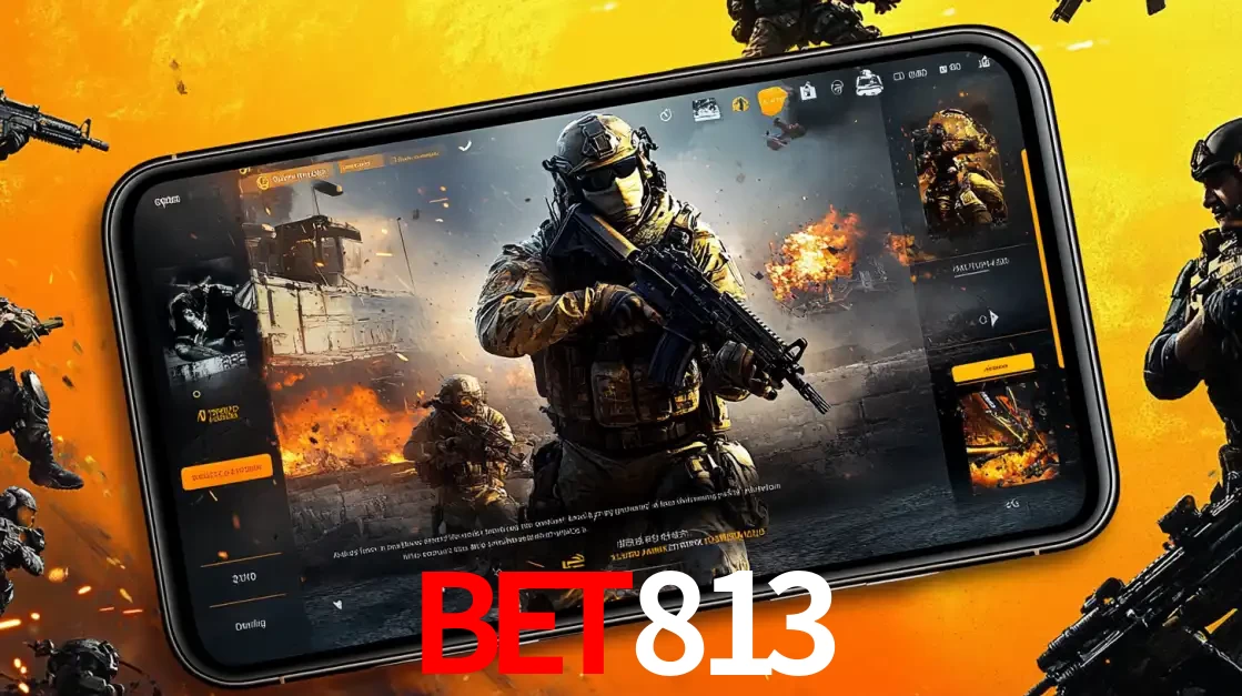 Um smartphone exibindo a interface de um jogo de tiro em primeira pessoa, com um soldado em um cenário de batalha, representando a ação dos e-sports para apostar no BET813.