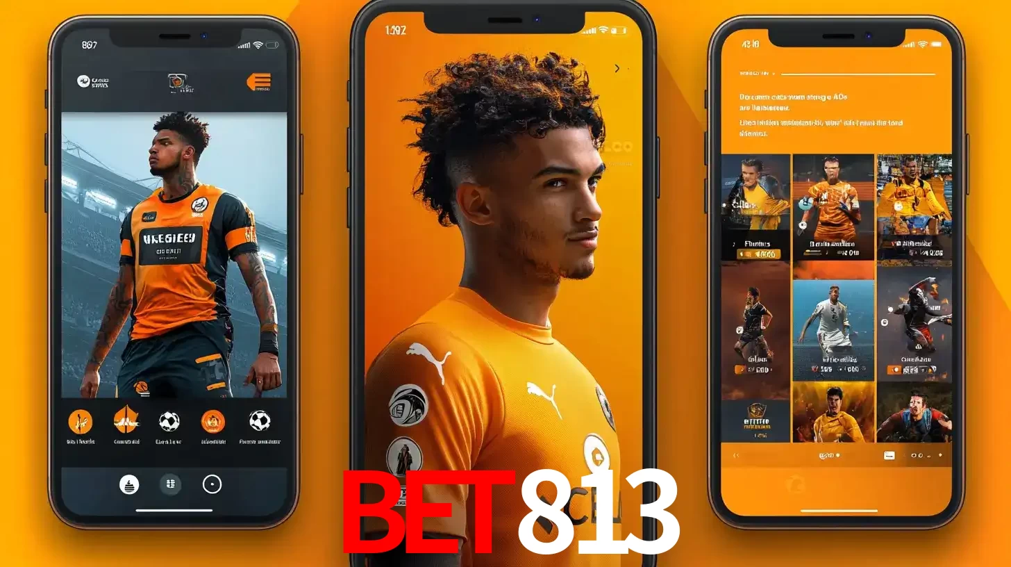 Interface do aplicativo de apostas esportivas BET813 em três telas de celular, mostrando o perfil de um jogador de futebol e a lista de jogos disponíveis para apostar.