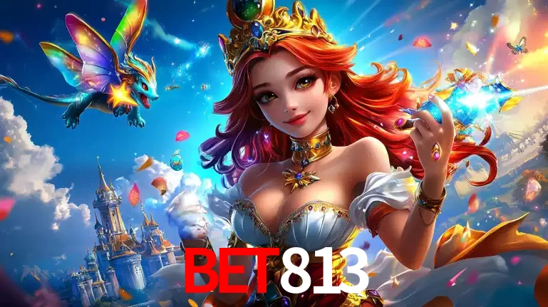 A princesa de um reino de fantasia mágico, com seu pequeno dragão, apresentando um mundo de prêmios encantados nos jogos de caça-níqueis do cassino BET813.