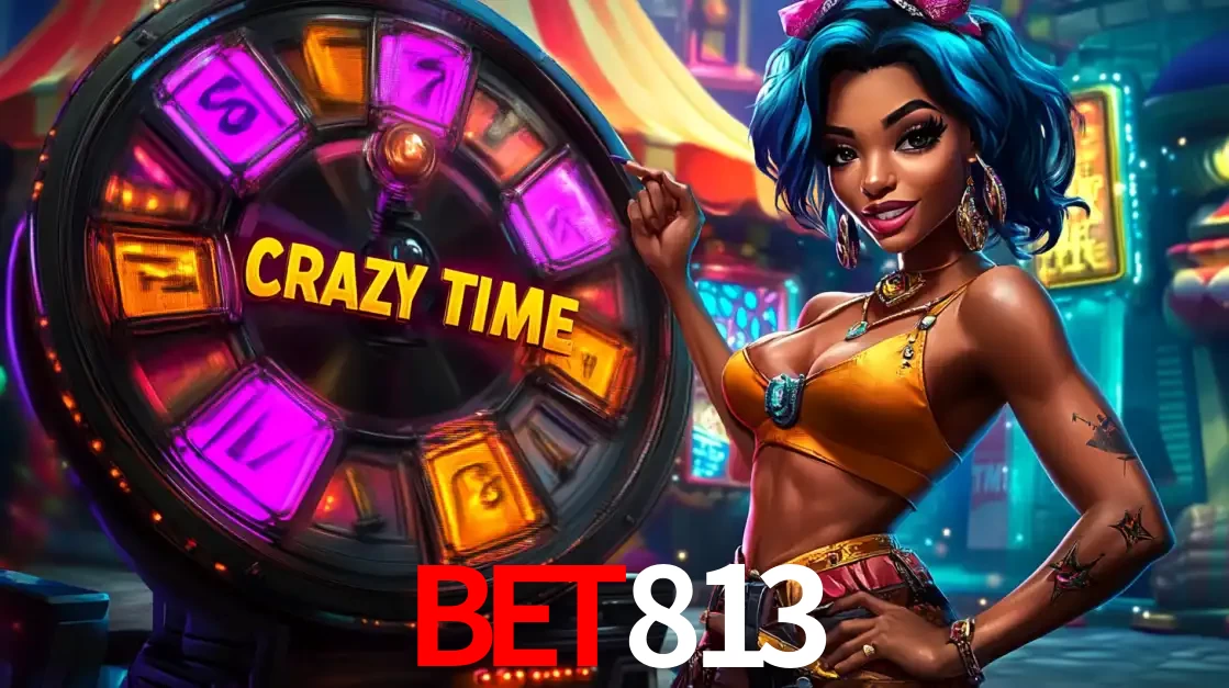 Mulher estilizada com cabelo azul e visual vibrante posando ao lado da roda de prêmios do game show Crazy Time, convidando para a diversão e os bônus do cassino BET813.