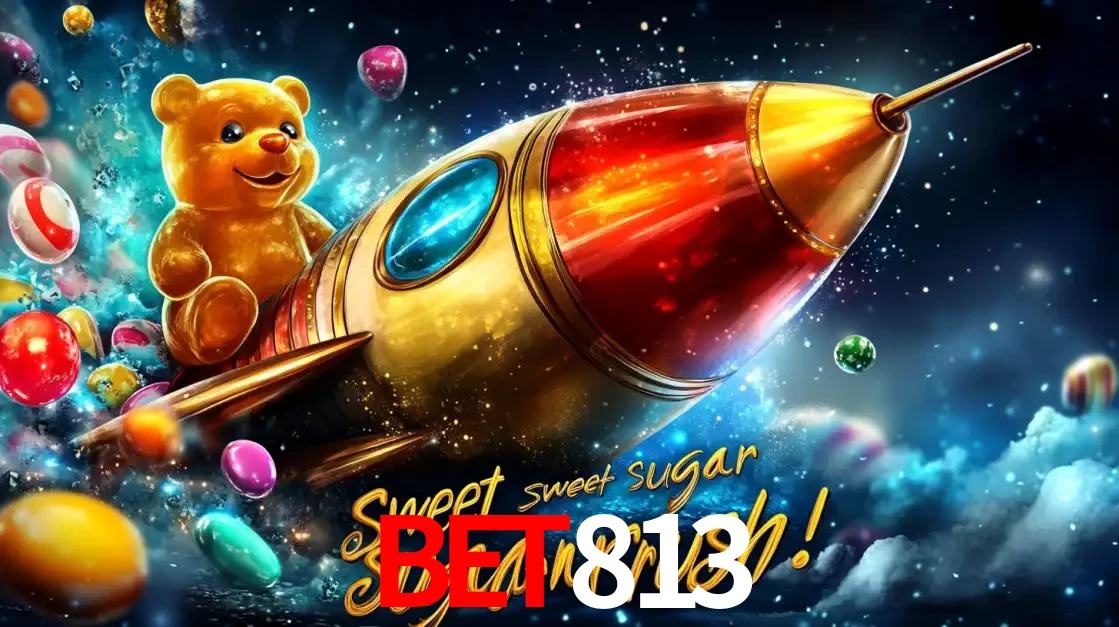 Arte promocional do jogo de slot Sugar Rush, com um urso de pelúcia em um foguete viajando pelo espaço de doces, um dos jogos divertidos disponíveis no cassino BET813.
