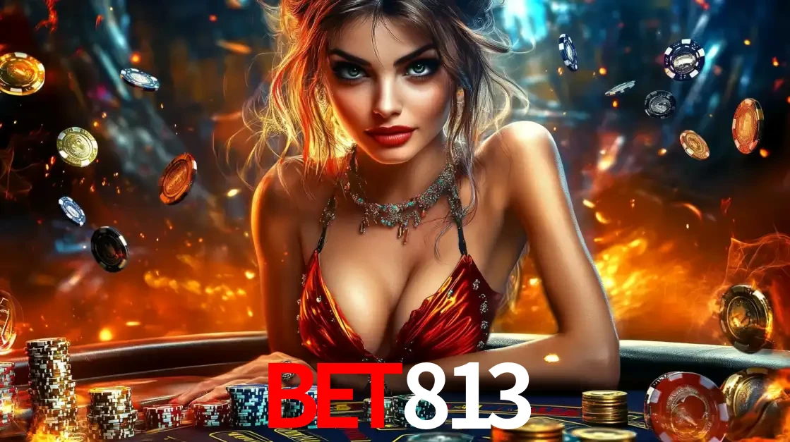 Mulher em uma mesa de cassino com pilhas de fichas e um fundo de fogo, pronta para uma rodada de altas apostas nos jogos de mesa emocionantes do cassino BET813.