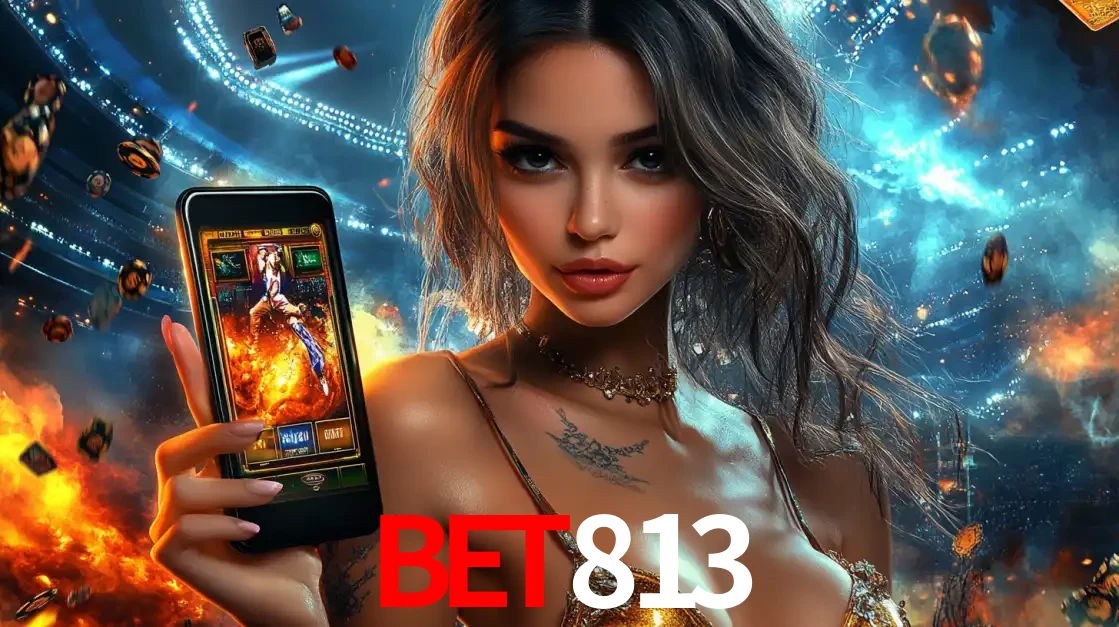 Mulher segurando um celular com um jogo de slot em destaque, tendo como fundo um estádio vibrante, simbolizando a emoção de jogar no cassino móvel BET813.