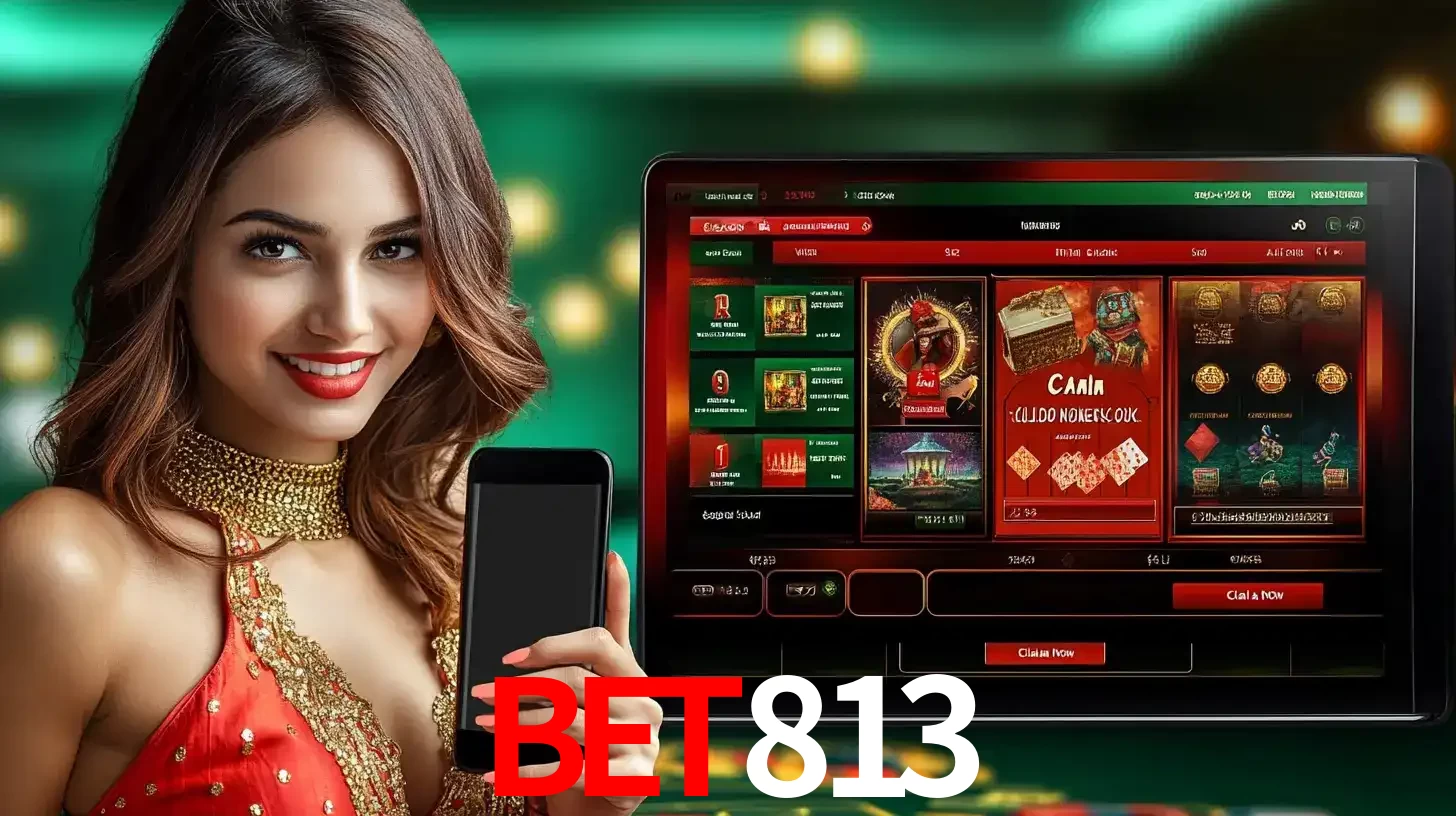 Mulher sorridente segurando um smartphone, ao lado de uma tela exibindo o lobby de jogos do cassino online BET813, com várias opções de jogos de cartas e slots.